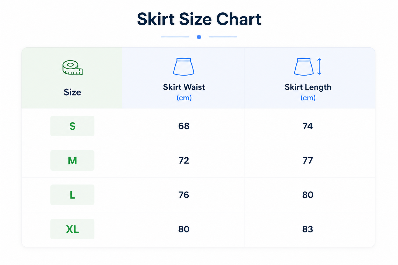 Size chart for Women Classic Fit & Flare skirt